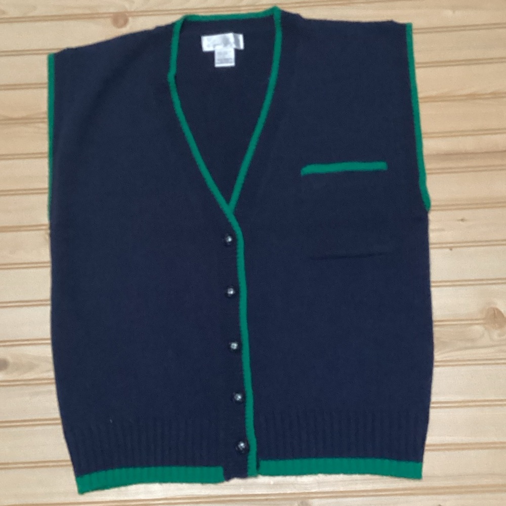 Vintage 90s Laura Gayle Navy‎ Blue Kelly Green Trim Pocket Knit Wool Button Vest